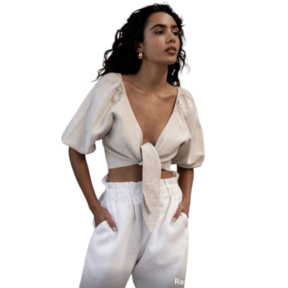 EUC Posse Mia Linen Tie Front Crop Top Beige Size XXS